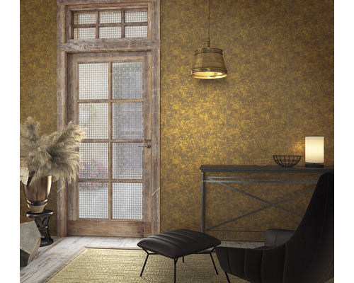 Einrichtung mit Tür, Sessel, Tisch und Lampe