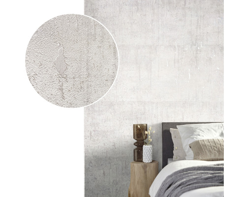 Helles Schlafzimmer mit weißer Struktur Tapete und vergrößerter Detailansicht