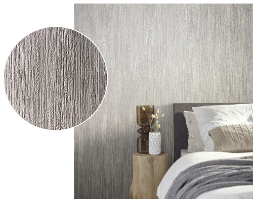 Schlafzimmer mit Struktur Tapete an der Wand und vergrößertem Ausschnitt der Tapetenstruktur