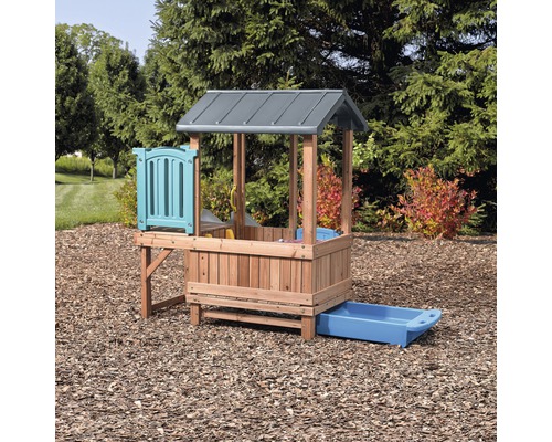 Sandkasten mit Spielhaus aus Holz und Kunststoff für den Außenbereich