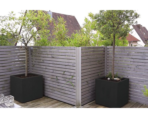 Gartenszene mit Holzzaun und quadratischen Pflanzgefäßen mit Bäumen