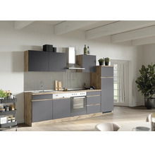 Moderne Küche mit grauen Fronten und Holzelementen