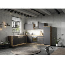 Moderne Küche im Industriedesign mit grauen Schränken und Holzelementen