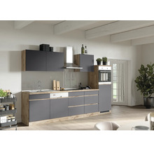 Moderne Küche mit grauen Fronten und Holzdekor