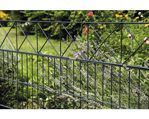 Doppelstabmattenzaun mit Pflanzen im Garten