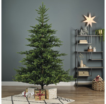 Geschmückter Weihnachtsbaum im Wohnzimmer mit Geschenken und Regal.