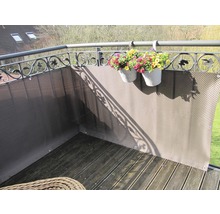 Balkon mit Sichtschutzwand und Blumenampeln