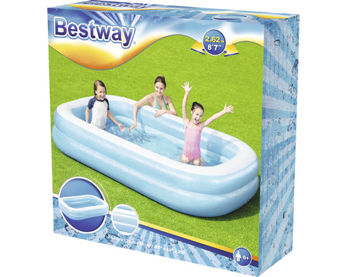 Verpackung eines Bestway Planschbeckens mit Personen im Wasser