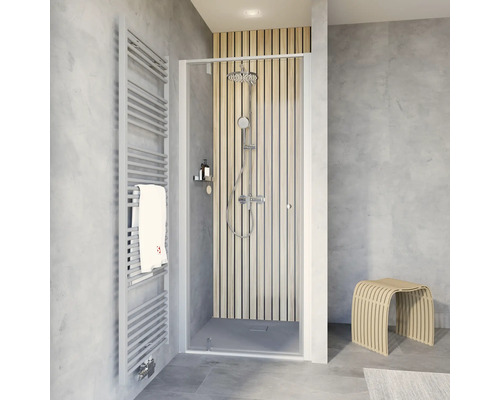 Drehtür für Nische Schulte 900x2000 mm Reversibel Echtglas Klar hell aluminium Helles Badezimmer mit Dusche, Duschkabine, Handtuchheizkörper und Hocker