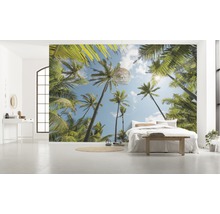 Helles Zimmer mit Fototapete mit Palmenmotiv, Bett und Dekoration