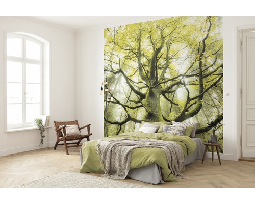 Schlafzimmer mit Fototapete mit Baum-Motiv, Bett und Holzstuhl
