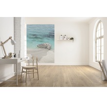 Heller Raum mit Schreibtisch, Stuhl und Fototapete mit Strandmotiv