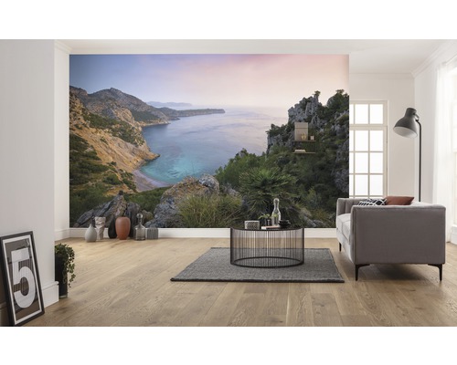 Wohnzimmer mit Fototapete einer Küstenlandschaft