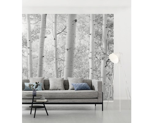 Wohnzimmer mit Fototapete Birkenwald, Sofa, Stehlampe und Tisch