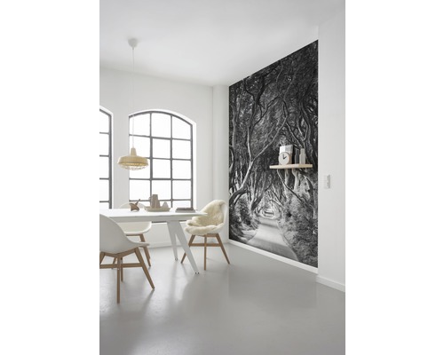 Helles Esszimmer mit Esstisch, Stühlen und einer Fototapete mit Baumallee