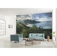 Wohnzimmer mit Fototapete einer tropischen Landschaft