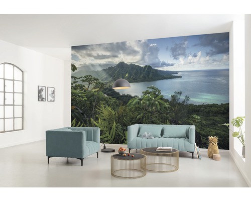 Wohnzimmer mit Fototapete einer tropischen Landschaft