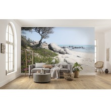 Wohnzimmer mit Fototapete einer felsigen Küstenlandschaft