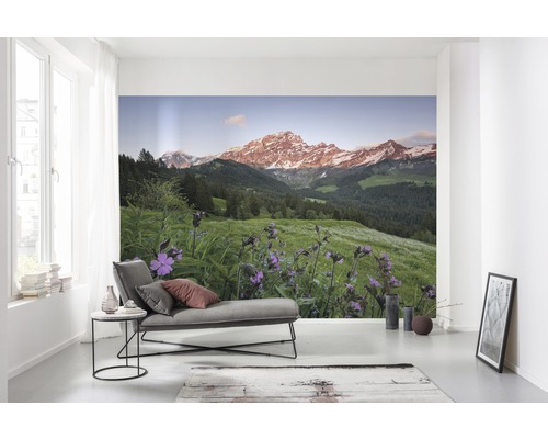 Wohnraum mit Fototapete Berglandschaft und Blumenwiese