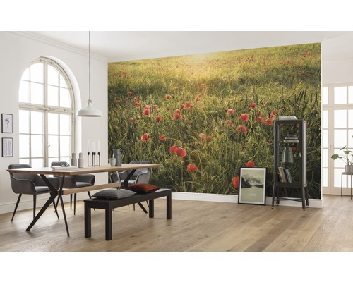 Esszimmer mit Esstisch, Stühlen, Sitzbank und Fototapete mit Mohnblumenwiese