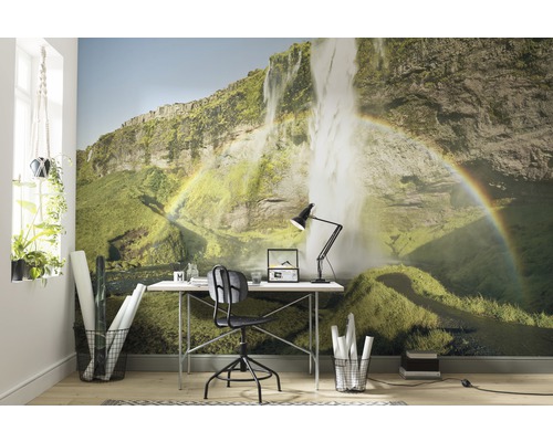 Wohnraum mit Fototapete, die einen Wasserfall und einen Regenbogen zeigt, dazu Schreibtisch und Büromöbel.