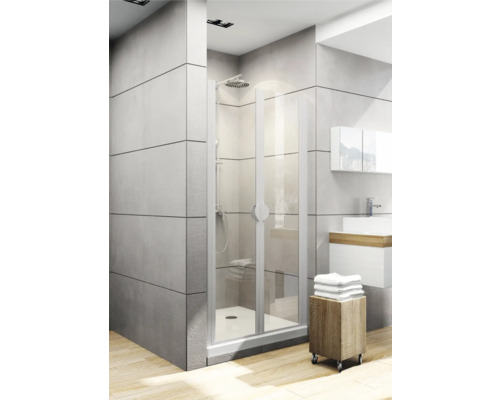 Pendeltür für Seitenwand Schulte Lugano 750x1800 mm Echtglas Klar hell alunatur Badezimmer mit Duschkabine, Waschbecken und Handtüchern