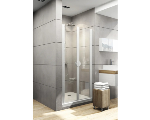 Pendeltür für Seitenwand Schulte Lugano 750x1800 mm Echtglas Klar hell alpinweiß Modernes Badezimmer mit Duschkabine, Waschtisch und Holzhocker