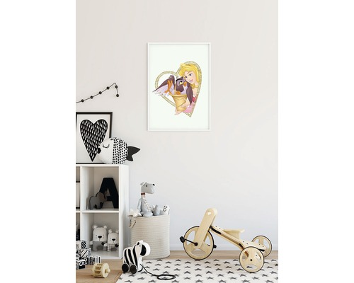 Gerahmtes Kinderzimmerbild mit Zeichentrickfigur und Vögeln in Herzform