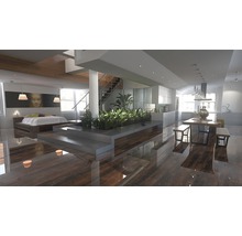 Helles Wohnzimmer mit Bett, Treppe, Pflanzen und Essbereich.
