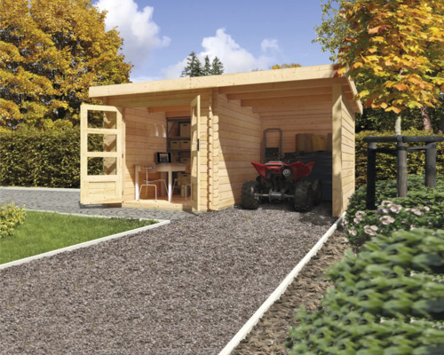 Holzgartenhaus mit geöffneten Türen, einem Büro und einem Quad im Inneren