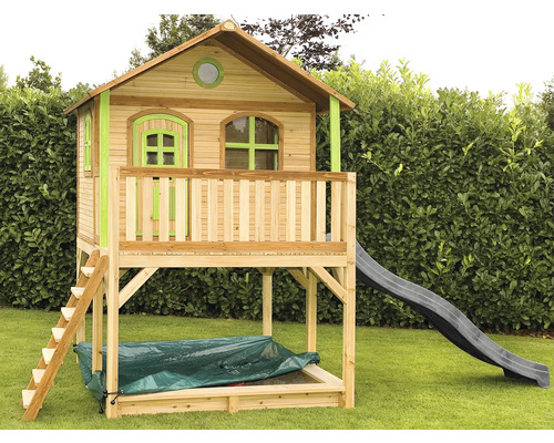 Holzspielhaus mit Rutsche und Sandkasten für den Garten