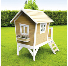 Holzspielhaus mit Fenster, Blumenkasten und Treppe im Garten