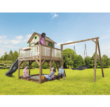 Spielplatz mit Spielhaus, Rutsche, Sandkasten und Schaukel für Kinder im Garten