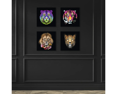Wanddekoration mit vier Tierbildern: Tiger, Löwe und Leopard