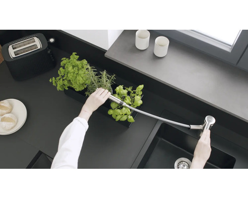 Küchenszene mit Kräutern, Spüle und Armatur