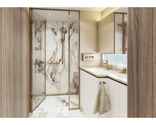 Helles Badezimmer mit Dusche, Waschbecken und Holzverkleidung