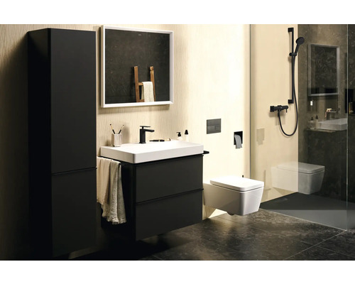 Badezimmer mit Waschtisch, Spiegelschrank, Hochschrank und Wand-WC.