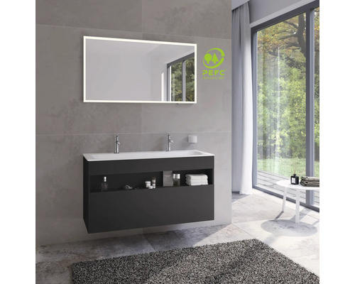 Modernes Badezimmer mit Waschtischunterschrank, Doppelwaschbecken und beleuchtetem Spiegel sowie PEFC Siegel