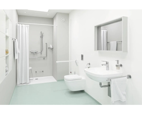 Barrierefreies Badezimmer mit Dusche, Toilette und Waschbecken.