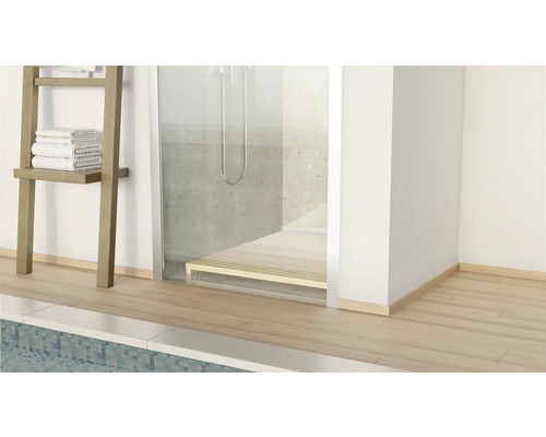 Badezimmer mit Dusche, Handtuchleiter und Holzboden
