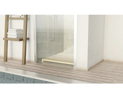 Badezimmer mit Dusche, Handtuchleiter und Holzboden