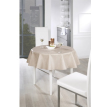 Szene mit einem runden Tisch mit einer Tischdecke, zwei Stühlen und Dekoration in einem hellen Raum.