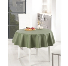 Runder Tisch mit grüner Tischdecke in einer hellen Küche.