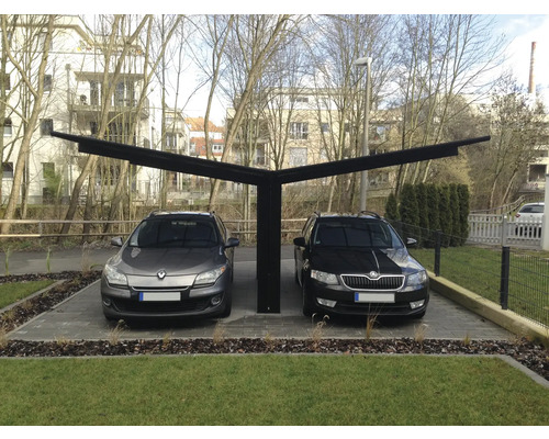 Doppelcarport mit zwei geparkten Autos auf gepflastertem Untergrund
