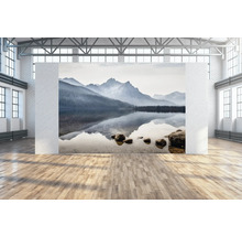 Großer Raum mit Holzboden und Wandbild mit Bergsee
