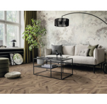 Wohnzimmer mit Sofa, Couchtisch, Zimmerpflanze und Holzfußboden in Fischgrätmuster