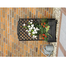 Blumenkasten mit Spalier an einer Backsteinmauer, inklusive Gießkanne.