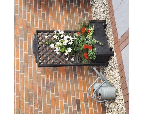 Wandbepflanzter Blumenkasten mit Gitter und Gießkanne vor einer Ziegelwand