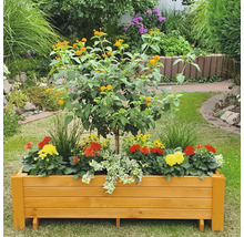 Holz-Pflanzkasten mit Blumen und Baum im Garten