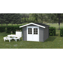 Garten Szene mit Gerätehaus aus Holz, Picknicktisch und Pflanzenkübel